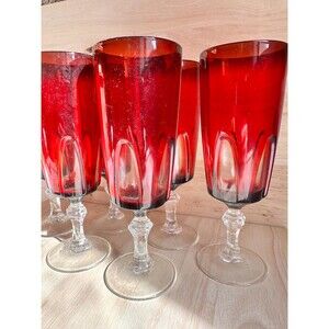 Set of 6 vintage ruby red champagne flute glasses France on clear legs
